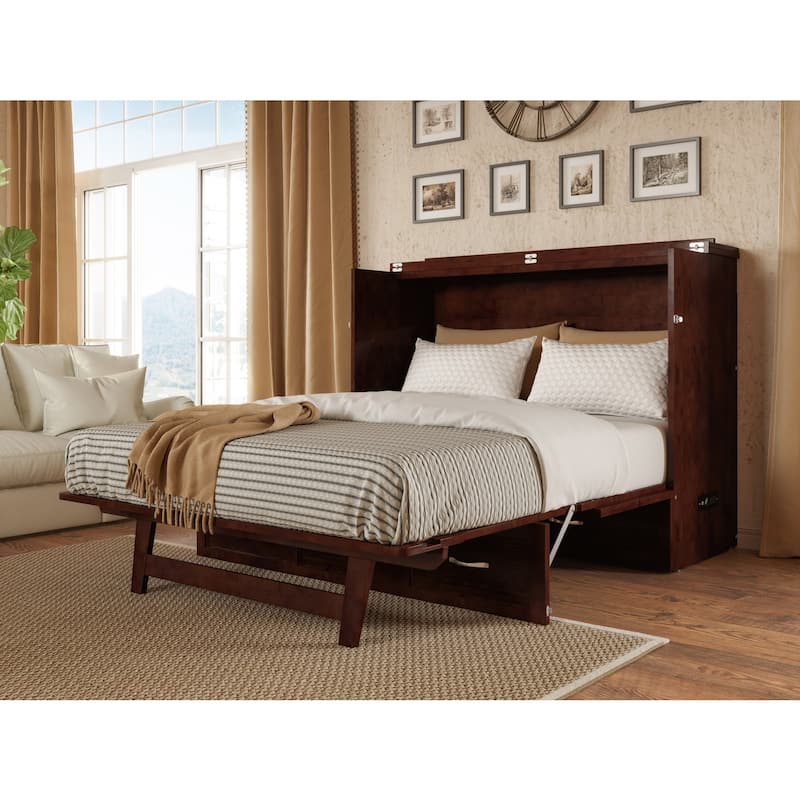 Murphy Bed Chest Full Walnut - Space Saving Bed with Charging Station & Mattress