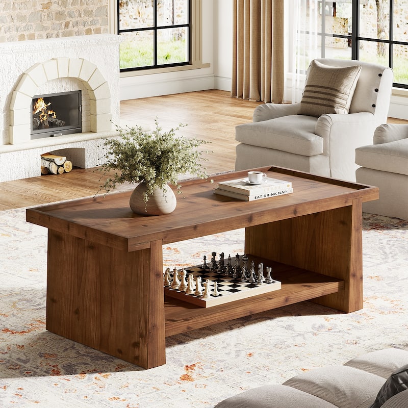 47" Solid Wood Coffee Table with 2-Tier Storage for Living Room