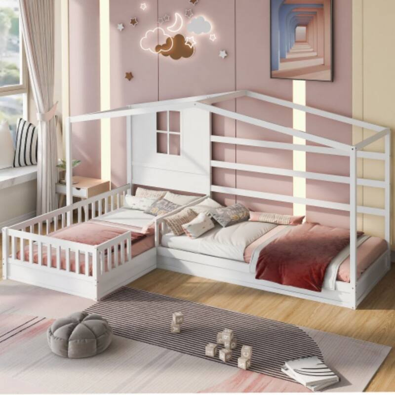 Wood House Bed Twin Size, 2 Twin Solid Bed L structure with Fence and Slatted Frame