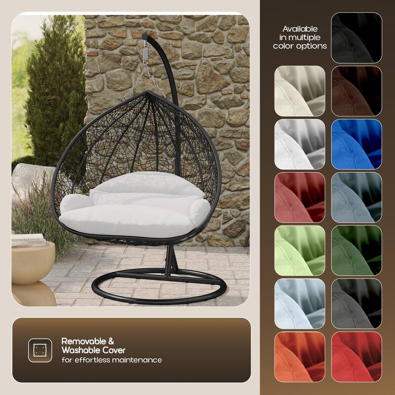2-Person Outdoor Hanging Egg Chair with Teardrop Frame, Weather-Resistant Cotton Cushioned Seat for Patio and Indoor Use