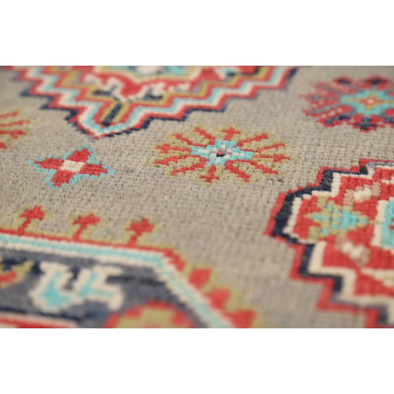 Geometric Kazak Foyer Rug Handmade Traditional Grey Wool Carpet - 2'0" x 3'0"