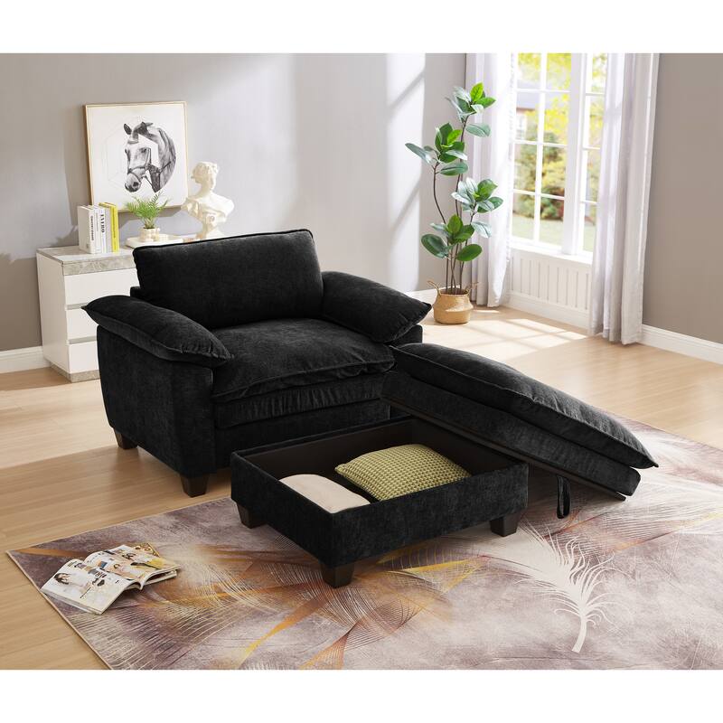 Cloud Lazy Chaise Lounge, Single Sofa Chair & Storage Ottoman Set of 2, Oversize Chenille Upholstered Lounge Sleeper Sofa - Black