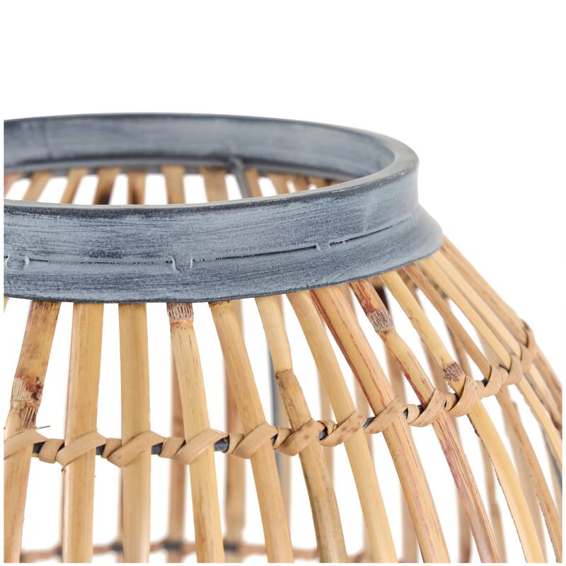 Brown Bamboo Wood Handmade Open Frame Decorative Vase with Blue Metal Accents