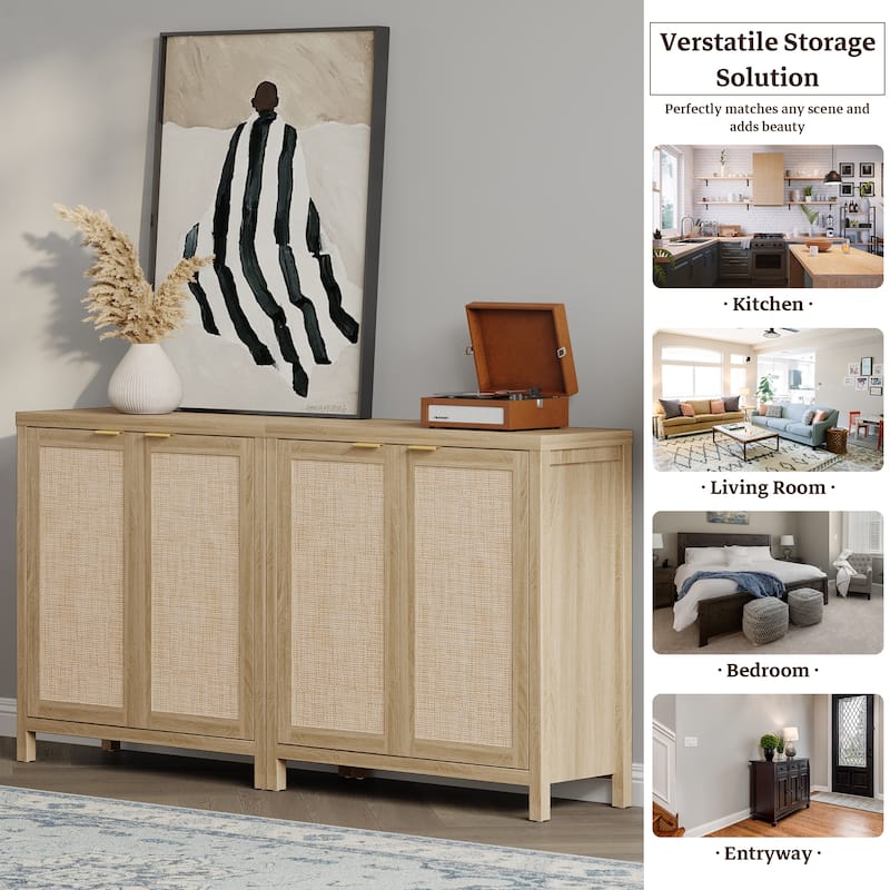 SICOTAS Rattan Sideboard Buffet Set of 2 with 2 Doors - N/A
