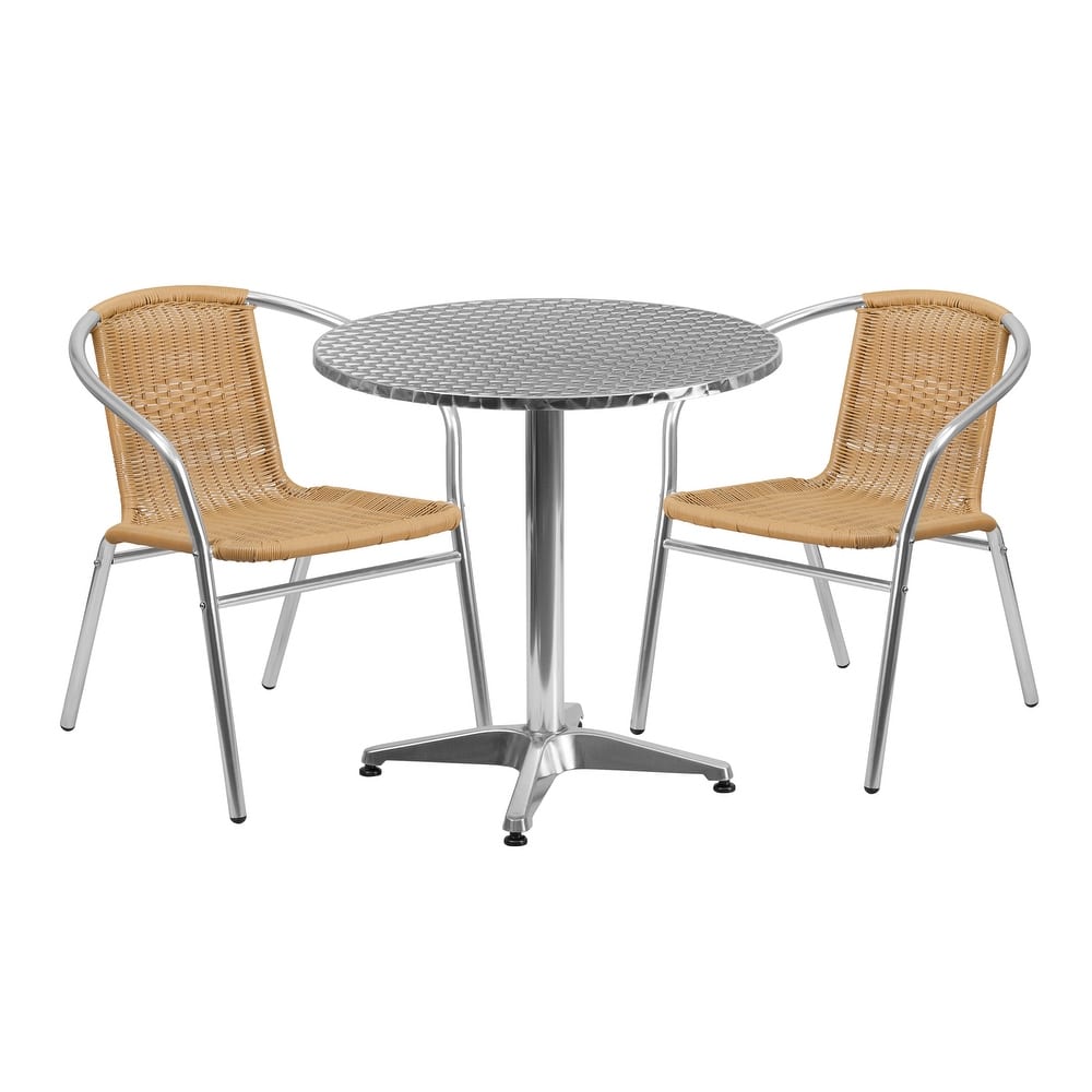 27.5'' Round Aluminum Indoor-Outdoor Table Set with 2 Rattan Chairs - 27.5"W x 27.5"D x 27.5"H - 27.5"W x 27.5"D x 27.5"H