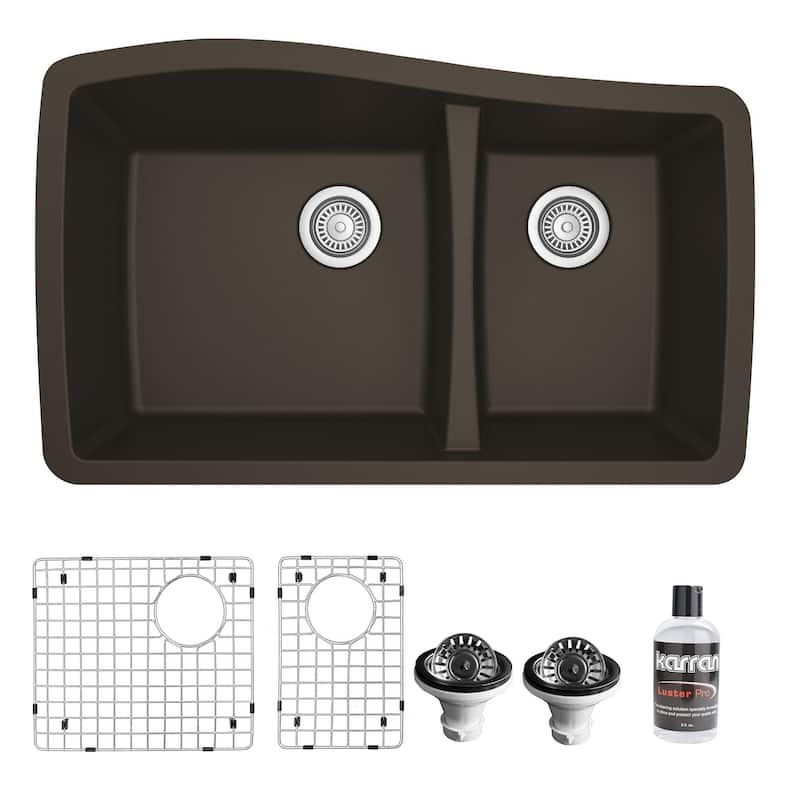 Karran Undermount Quartz 33 in. Double Bowl 60/40 Kitchen Sink with Bottom Grids and Strainers - Brown