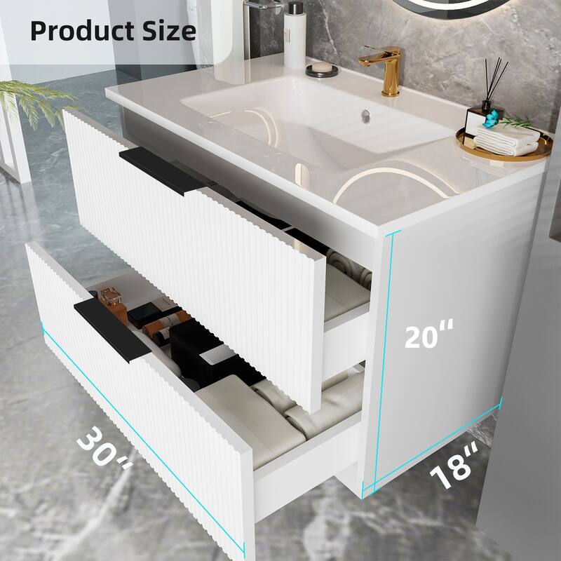 30" Floating Bathroom Vanity with Ceramic Sink - Wall Mounted Fluted Vanity Cabinet with Drawers, Modern Design