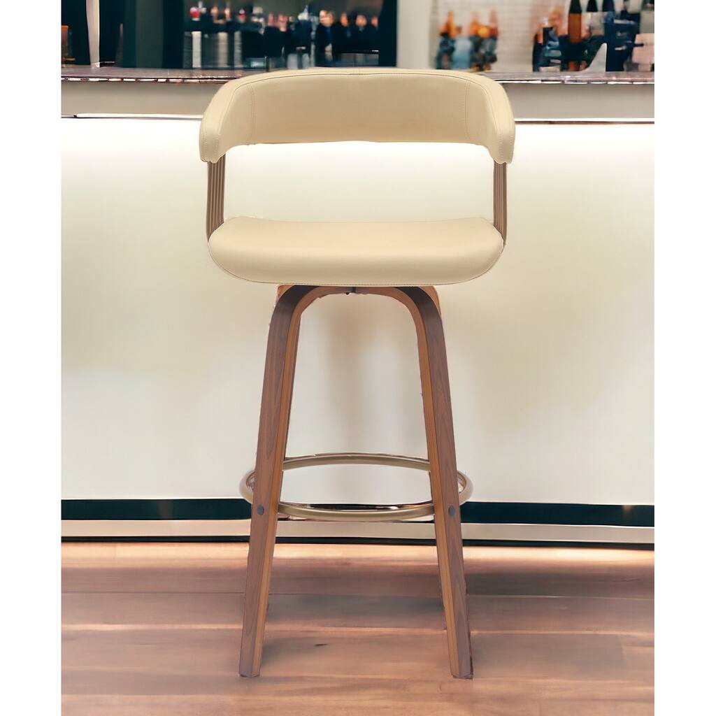 31" Cream And Wood Brown Faux Leather Swivel Bar Height Bar Chair