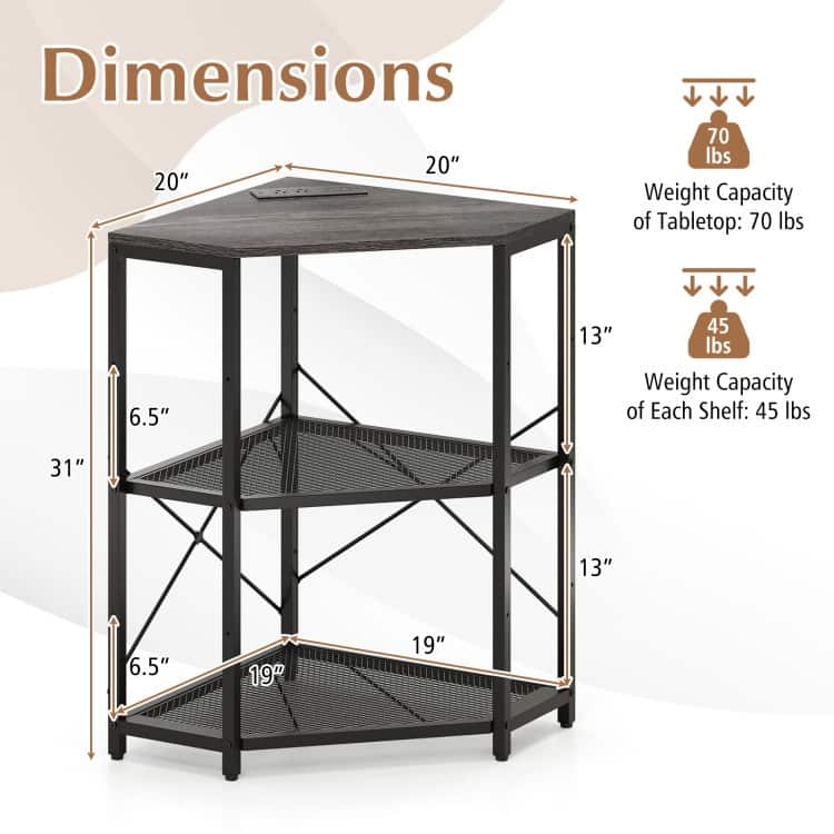 Metal and Engineered Wood Corner Printer Table with Power Strip and Adjustable Shelves - 20" L x 20" W x 31" H