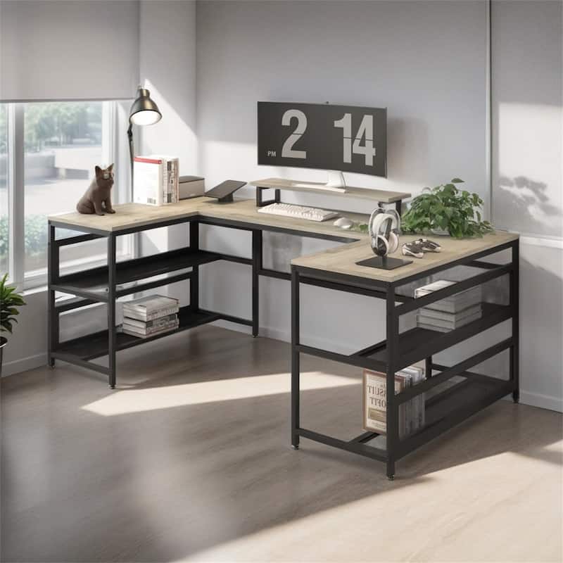 U-shaped Desk with Shelve and LED Lights