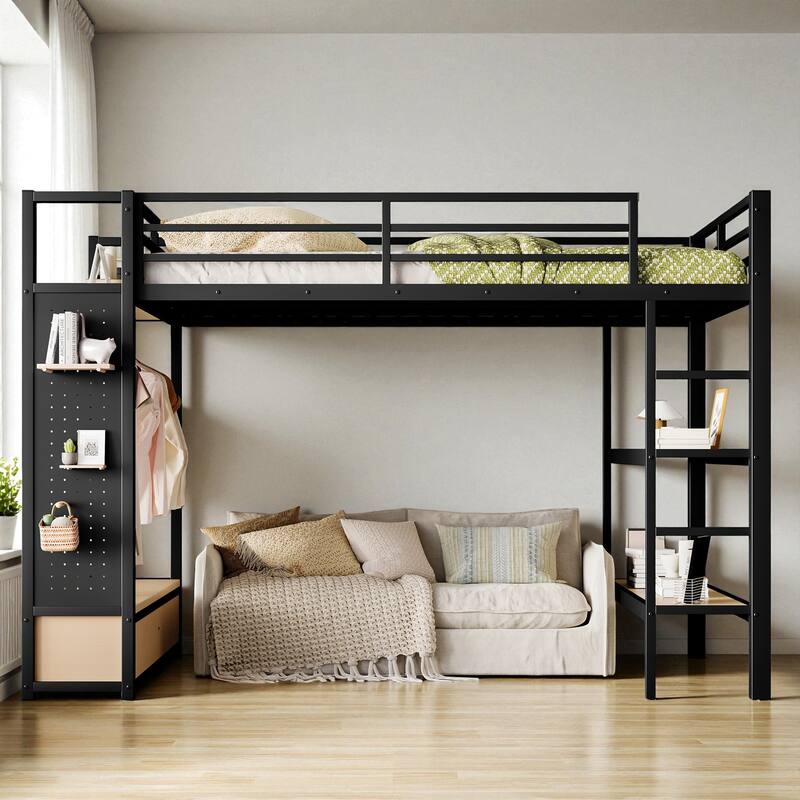 Full/Queen Size Metal Loft Bed with Wardrobe, Shelves & Pegboard, Space-Saving Bed Frame with Storage & Guardrails