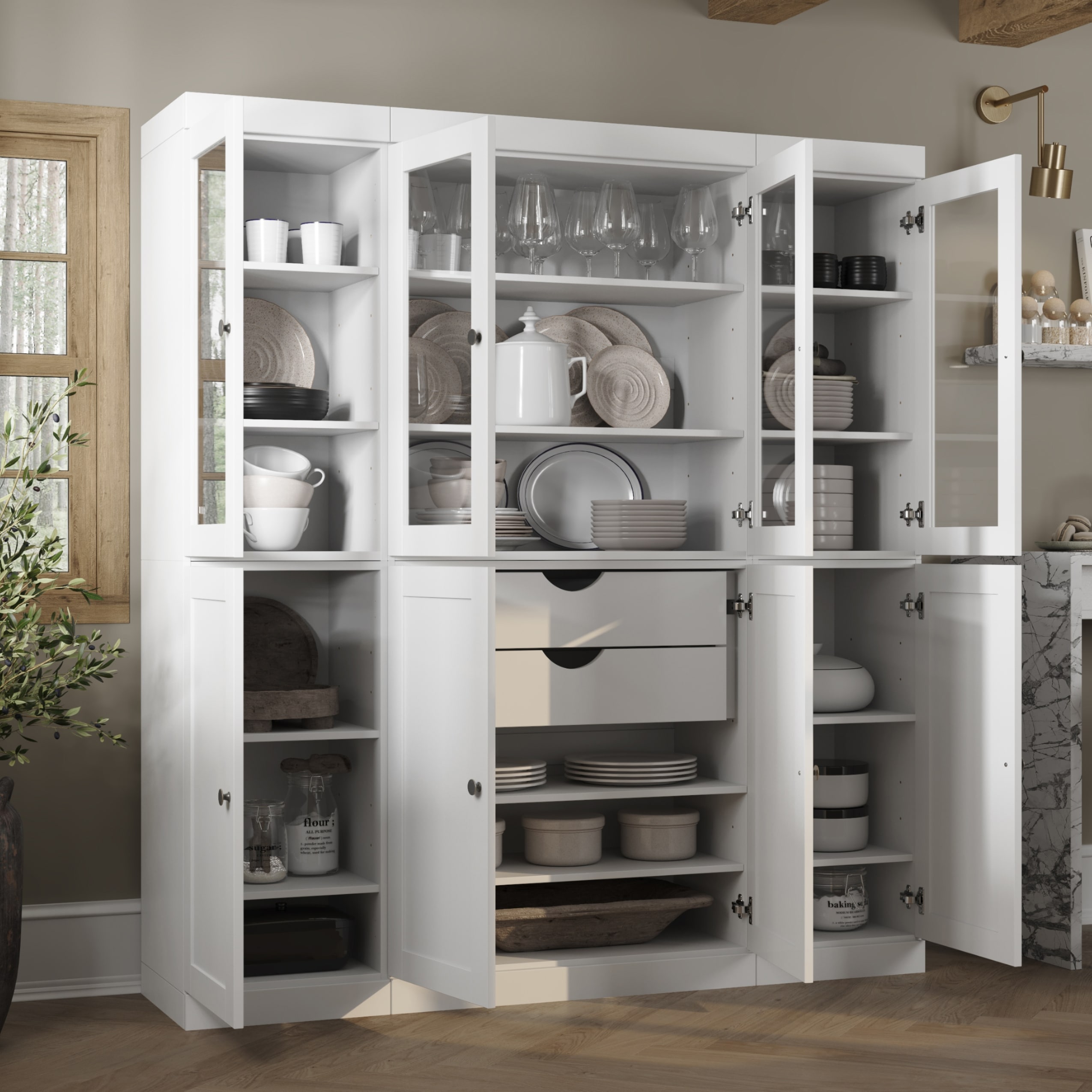 Palace Imports 100% Solid Wood Tall Clear Glass & Shaker Pantry China Cabinet with 2 Drawers, 65" W x 71.5" H