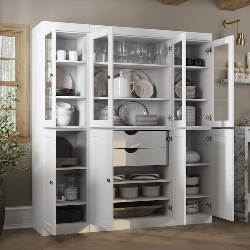 Palace Imports 100% Solid Wood 65" Pantry Cabinet with Clear Glass, Shaker Doors, 2-Drawers and Adjustable Shelves - White