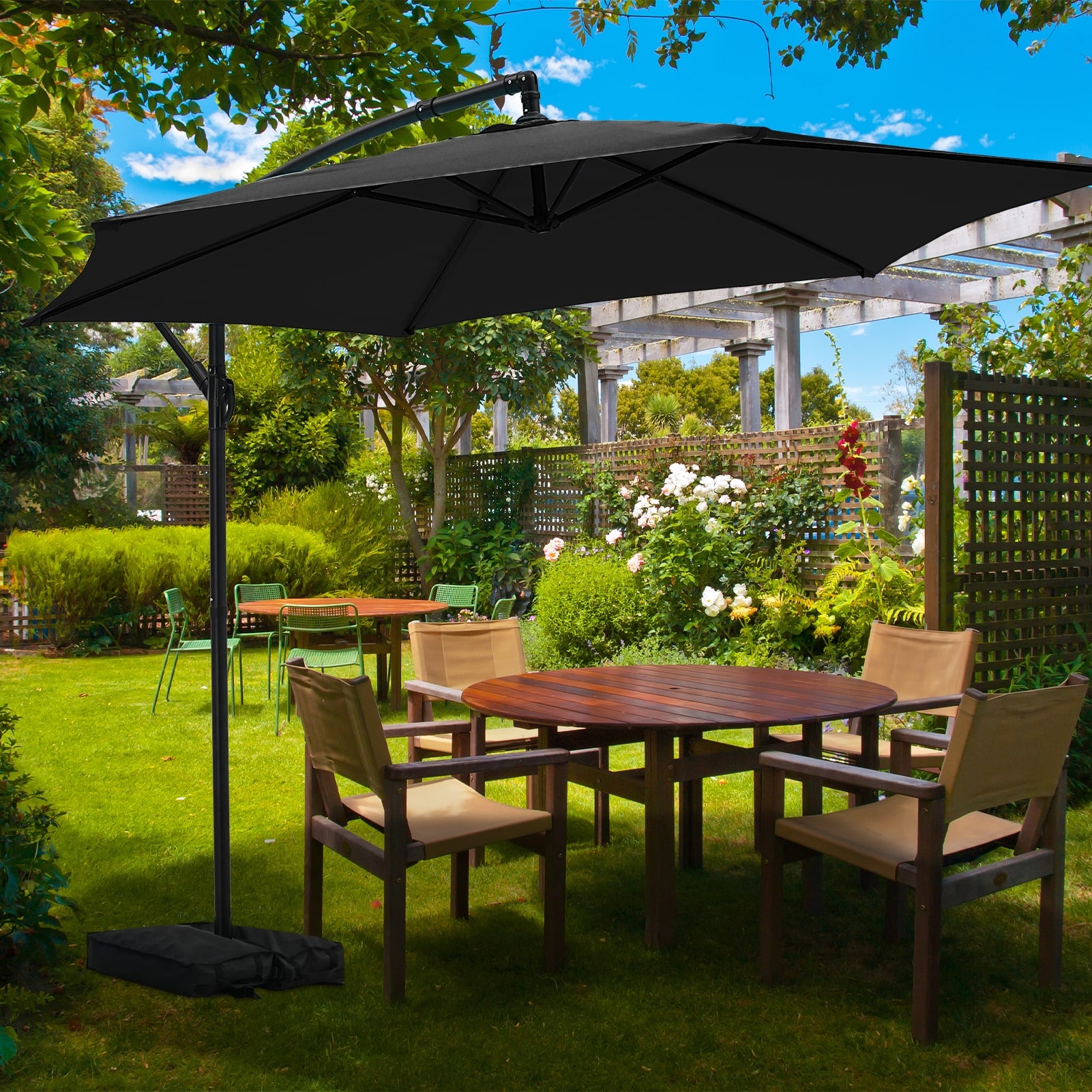 dark brown hanging patio umbrella 10ft Offset with Easy Tilt  Green  Great Gift for Backyard, Poolside Deck  Hanging Shade for Dining, Lounging (No Base) Polyester Item Size Ainfox 10ft Offset Hanging Market