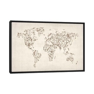 iCanvas "Map of the World Map Floral Swirls" by Michael Tompsett Framed ...