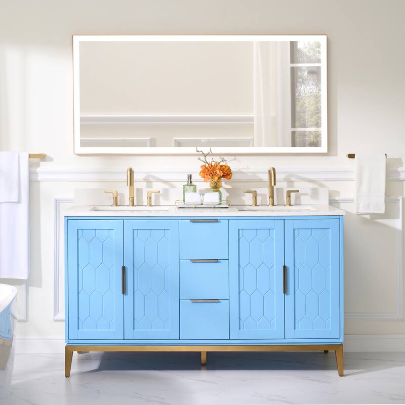 35''H Solid Wood Bath Vanity with Stain-resistant Carrera White Quartz Top and Sink - 60''Wx35''H - Light Blue