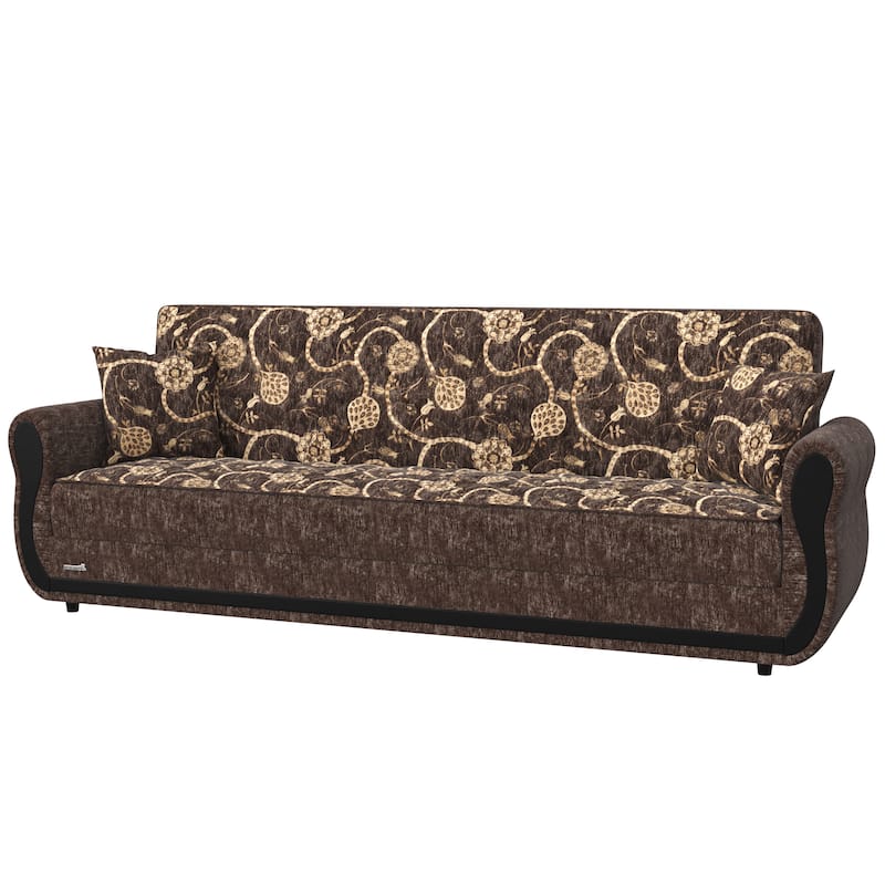 HomeRoots 90" Beige And Brown Chenille Convertible Futon Floral Sleeper Sofa With Toss Pillows And Storage