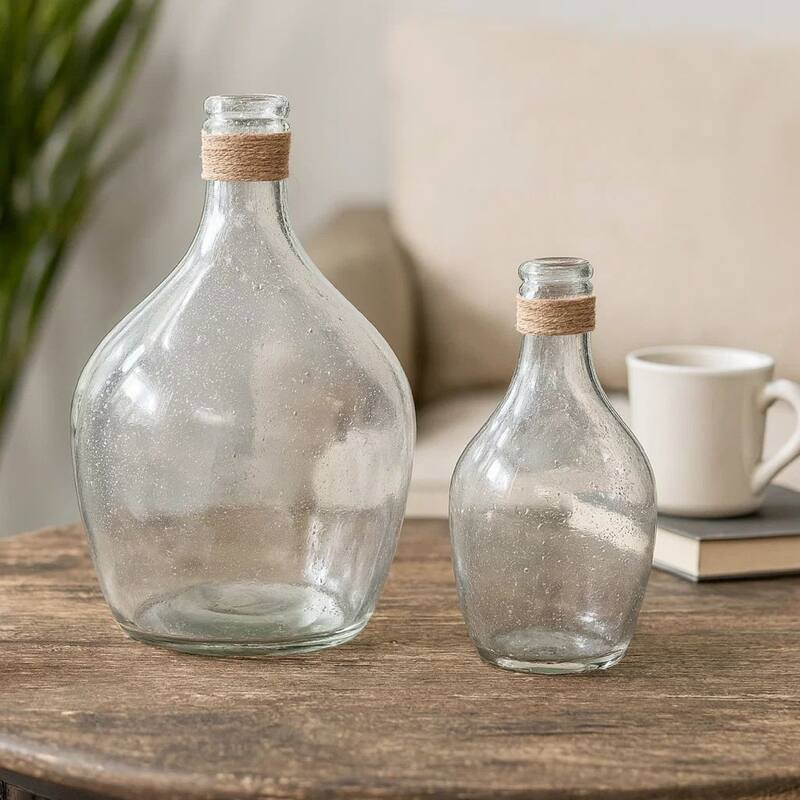 Vase with Bottleneck and Rope Accent, Set of 2, Clear