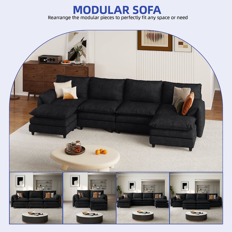 142 Inch Modular Velvet Sectional Sofa with Movable Ottoman Pillow Armrest and Deep Seats for Living Room Apartment or Office