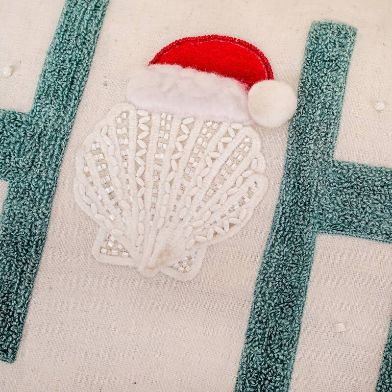 HGTV Home Collection "HO HO HO" Pillow with Seashells, Embroidered, Nautical Christmas Themed Décor, Natural, 26in