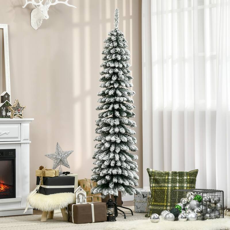 HOMCOM Unlit Snow Flocked Slim Pencil Tree - Realistic Branches, Green