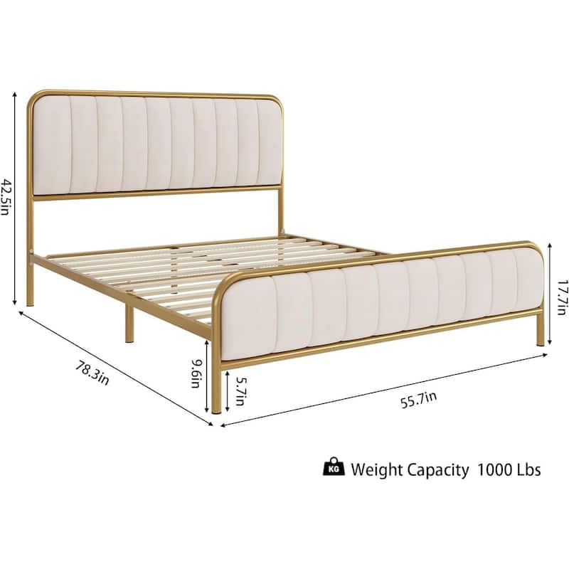 Gold Metal Platform Bed Frame with Off-White Upholstered Headboard