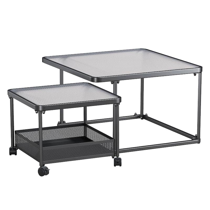 Meyreso Black Square Tempered Glass Nesting Coffee Tables with Metal Frame - Glass