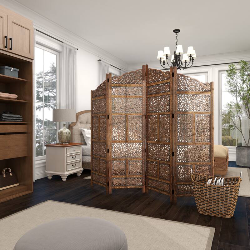 Wooden Floral Handmade Foldable Arched 4 Panel Room Divider Screen with Intricately Carved Designs - Brown - Roche River Decor