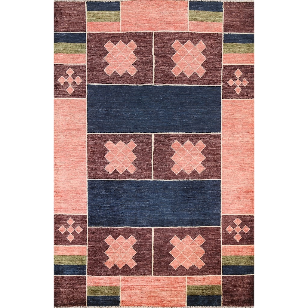 Geometric Gabbeh Kashkoli Oriental Area Rug Hand-knotted Wool Carpet - 4'2" x 5'9"