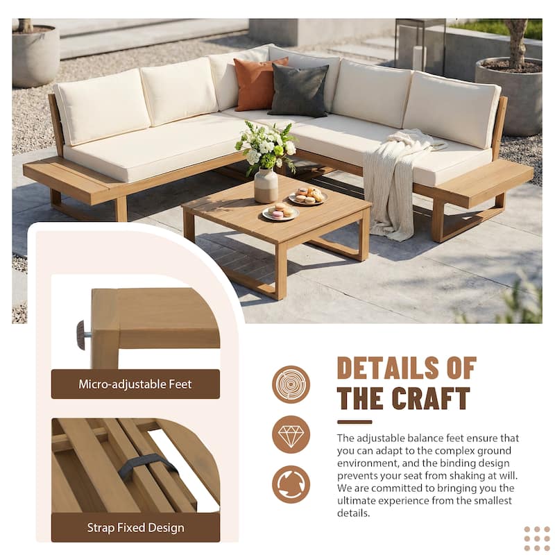 Outdoor 4 pieces V-Shaped Acacia Wood Sectional Sofa Set