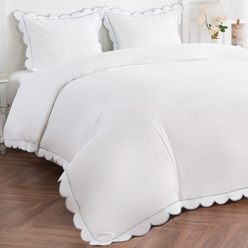 Percale Cotton Scalloped Embroidered Crisp Duvet Set and Sham