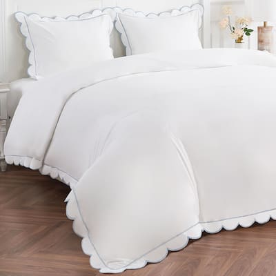 Percale Cotton Scalloped Embroidered Crisp Duvet Set and Sham