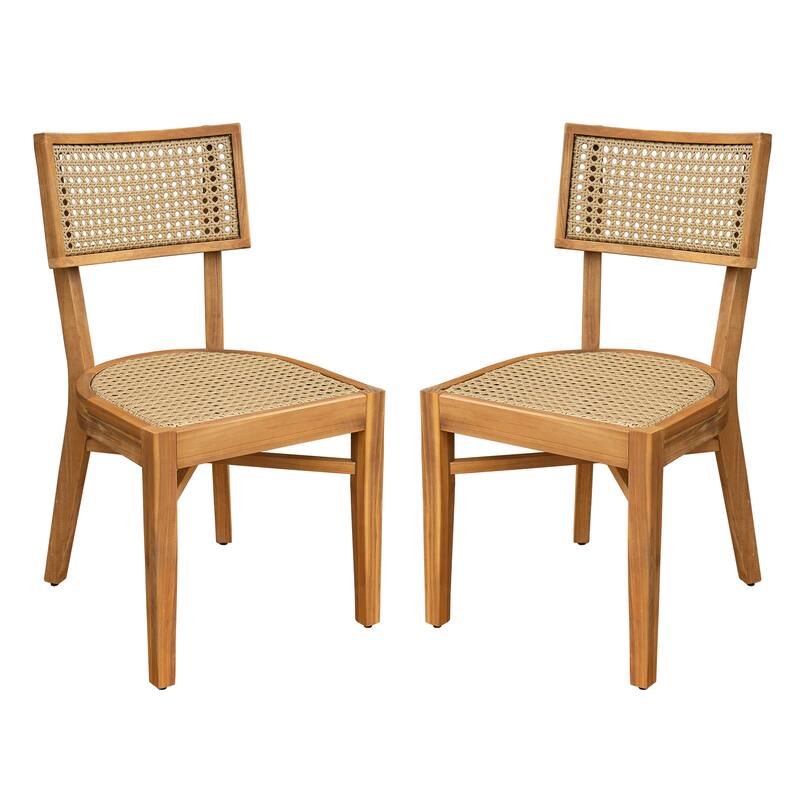 Roomfitters Netro Outdoor Acacia Wood Dining Chairs with Wicker Back, Teak Finish and Light Brown Set of 2 - Set of 2 - Light Brown,Teak
