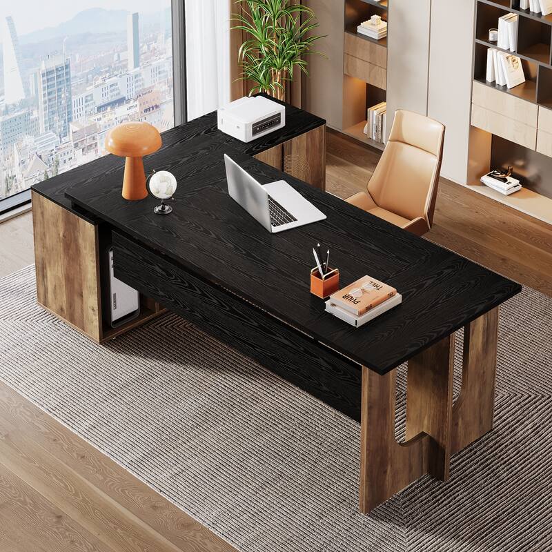 74.8-Inch L Shaped Executive Desk, Large Office Computer Desk with Cabinet and Shelves for Home Office