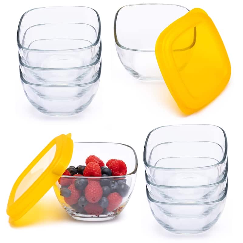 Libbey Serve It 16-Piece 2-Cup Glass Storage Bowl Container Set with Yellow Plastic Lids - Set of 16