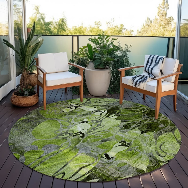 Machine Washable Indoor/ Outdoor Modern Floral Chantille Rug - 8' x 8' - Fern