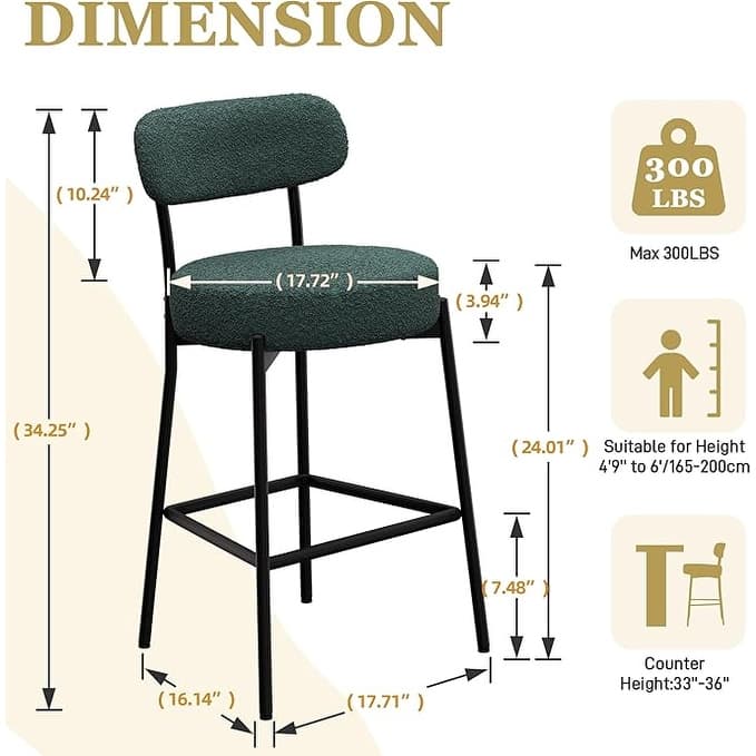 XINMICS 24 Inches Modern Counter Height Bar Stools with Curved Back Metal Legs, Upholstered Boucle Barstools, Set of 2/3/4