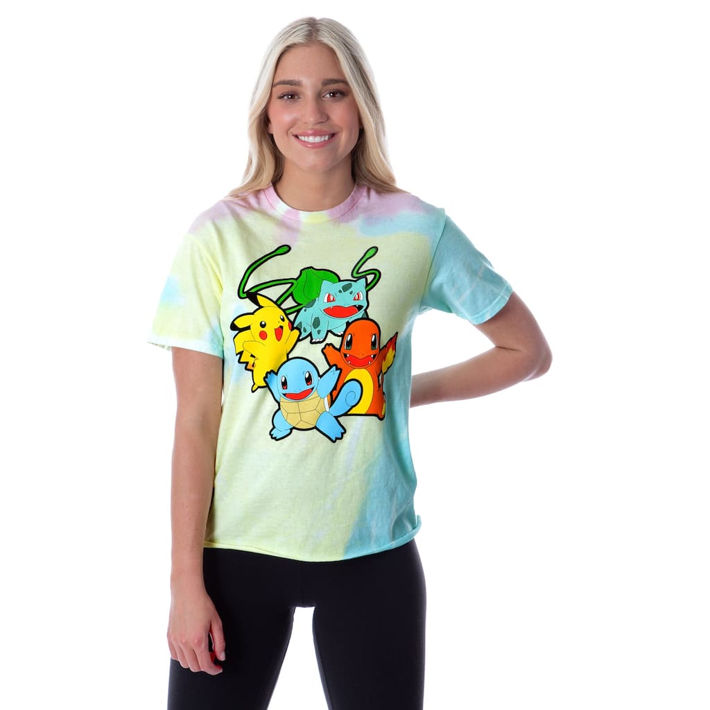 Pokemon Women's Pikachu Squirtle Charmander Bulbasaur Tie-Dye Skimmer T-Shirt