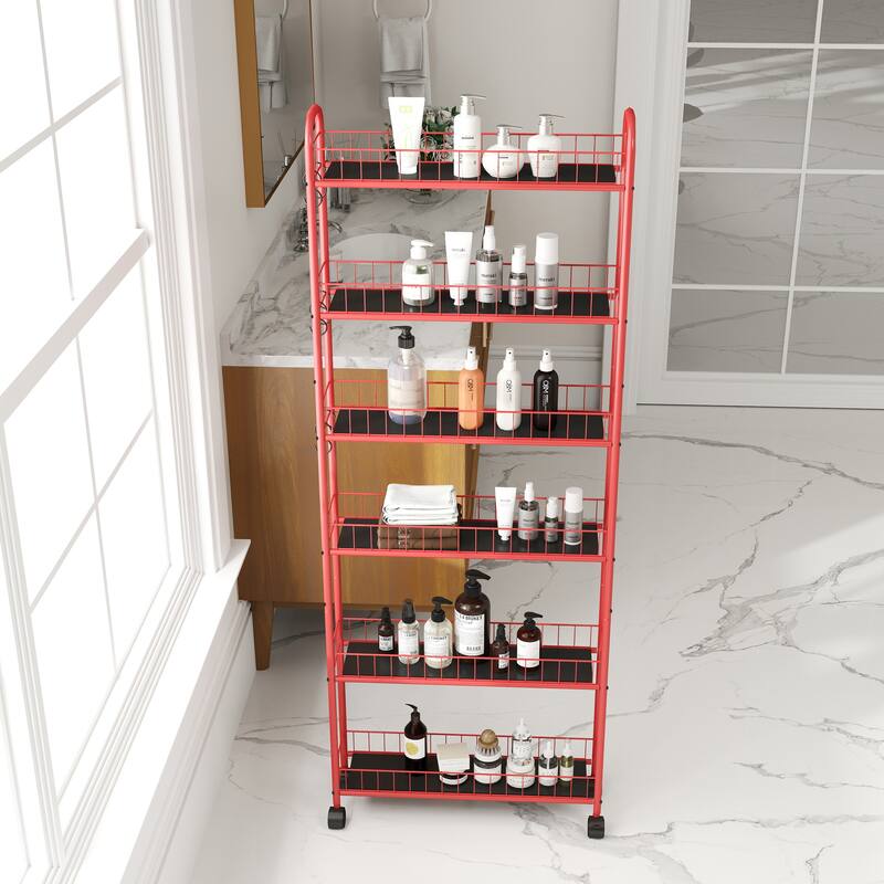 Red 6-Tier Rolling Cart Gap Kitchen Slim Slide Out Storage Tower Rack with Wheels, 6 Baskets, Laundry Utility cart