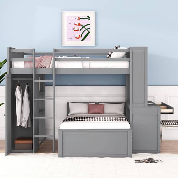 slide 2 of 11, Full over Full Size Loft Bed with a Twin Size Stand-alone Bed, Bunk Bed with Shelves, Desk and Wardrobe, Grey Grey