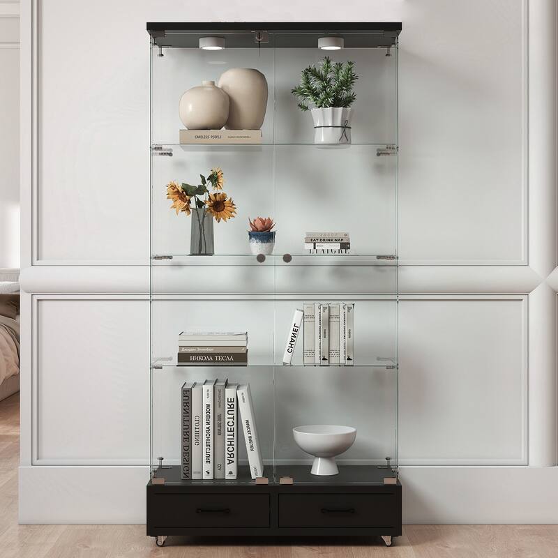 Modern Glass Display Cabinet with Large Drawer for Living Room and Bedroom - Black