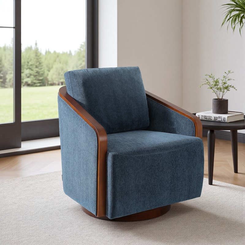 Upholstered Swivel Barrel Chair with Curved Wood Arms