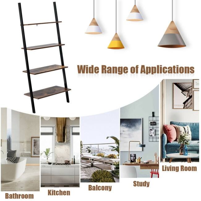 Multipurpose 4-Tier Industrial Leaning Wall Bookcase with Metal Frame - 25'' x 14'' x 60'' (L x W x H)
