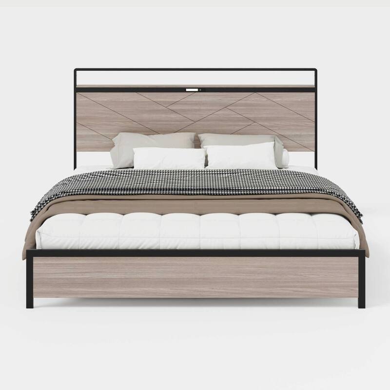 Wooden Platform Bed Frame with Storage, LED Light Headboard and 2 USB Ports, No Noise