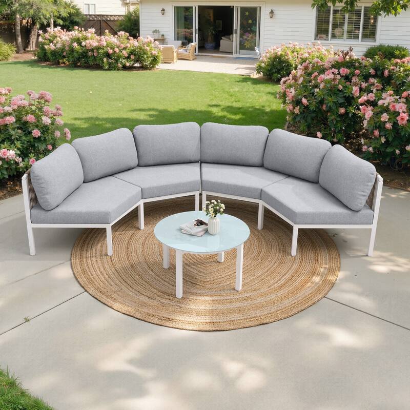 Outdoor All-Weather Aluminum Half Moon Curved Sofa Rattan Sectional Sofa Deep Seating Patio Outdoor Conversation Sets - 4-seater + 1 table - Light Grey