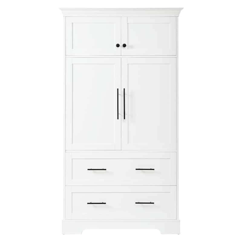 Farmhouse Kitchen Pantry, 40"W - 4-Door Freestanding Cabinet with Pull-Out Trays, Drawers & Pan Storag