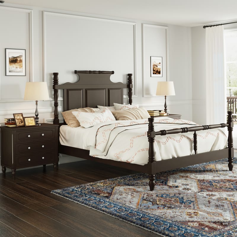 Vintage Country Style Wood Bed Frame Four Poster Platform Bed with High Crown-like Headboard Wingback Bed, Low Profile Bed - Brown with 2 Nightstands - King