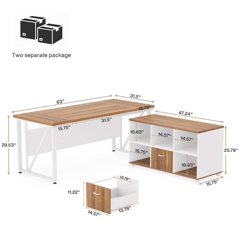 63" L-Shaped Computer Desk with 47 inches Lateral File Cabinet, Executive Desk Home Office Furniture Desk Set