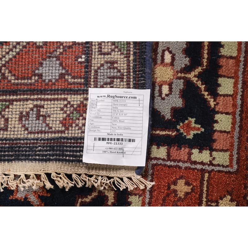Navy Blue Orange Heriz Serapi Indian Area Rug Hand-Knotted Wool Carpet - 8'10" X 11'9"