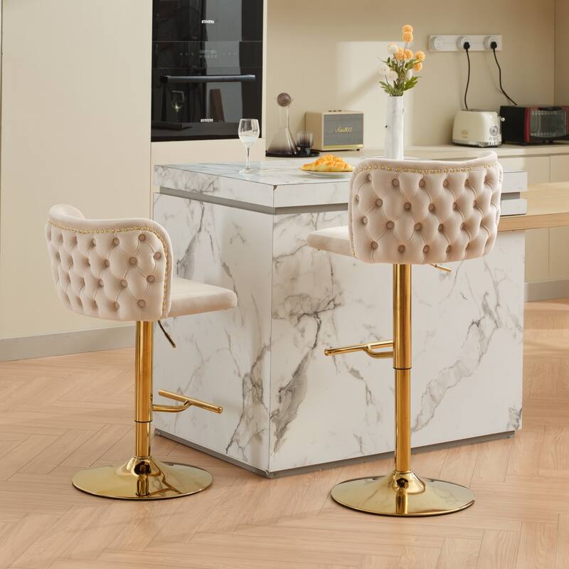 Swivel Barstools Adjusatble Seat Height With Gold-plating Base, Upholstered Bar Stools with the whole Back Tufted, Set of 2